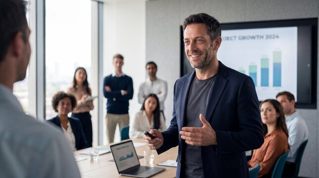 Confident Businessman Giving Presentation in Modern Meeting Room, Corporate Leadership and Team Strategy Concept