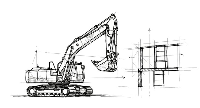 Architectural concept sketch showcasing an excavator and structural blueprint, symbolizing construction and design process