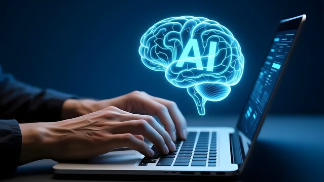 Artificial intelligence glowing brain hologram on laptop, hands typing on computer keyboard, futuristic AI technology concept for machine learning