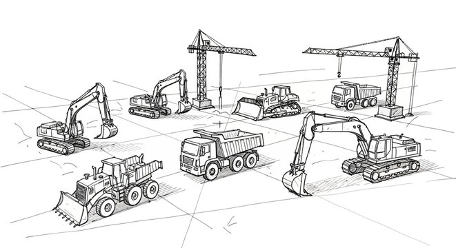 A detailed sketch showcasing a variety of heavy-duty construction vehicles and equipment on a building site