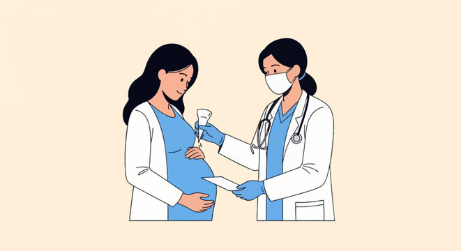 Vector illustration of a pregnant woman undergoing a prenatal medical examination by a female doctor wearing a face mask, gloves, and a stethoscope in a healthcare clinic setting.
