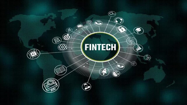 fintech 3d illustration. Business, Technology, Internet and network concept. virtual screen of the future and sees the inscription. 4k video animation and world map
