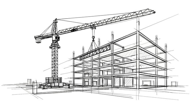 Architectural concept line art drawing of a building under construction with a crane lifting beams
