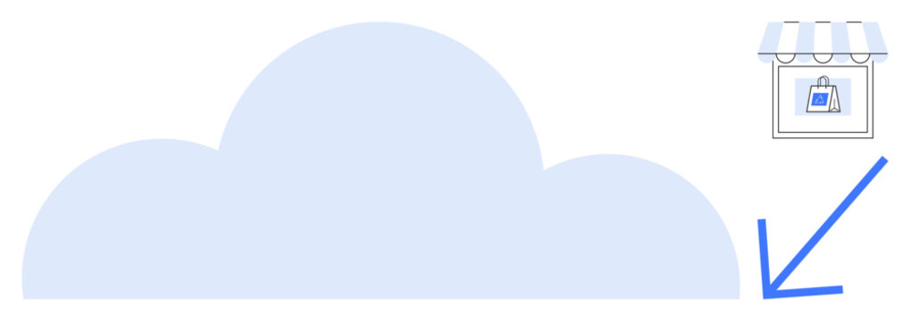 Cloud computing, e-commerce, online shopping, data storage, digital services, connectivity. A cloud symbol with an e-commerce store and an arrow. Cloud computing and e-commerce solutions concept