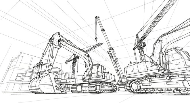 Dynamic architectural sketch illustrating an active urban construction site with a fleet of heavy machinery including excavators and cranes, emphasizing industrial development and engineering