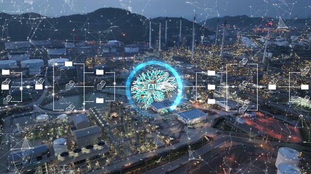 Glowing AI management icons and digital big data flow overlaid on a massive oil refinery plant at night. Smart energy technology, IoT infrastructure, and automated industrial processing.
