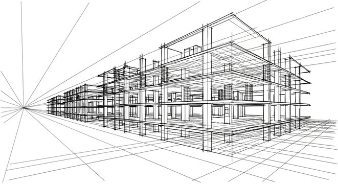 Detailed architectural wireframe illustration in one-point perspective, depicting the structural design and framework of a modern building complex for urban development