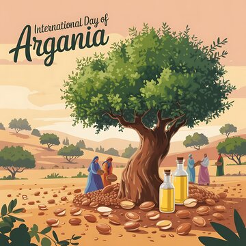 International Day of Argania with argan tree people and oil bottles.