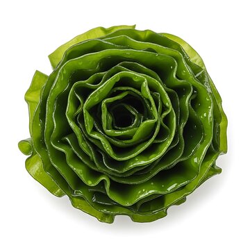A single beautiful green cabbage vegetable shaped like a rose flower seen from top view perspective isolated on white background