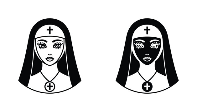 Nun head icon set featuring religious habit in outline and solid black silhouette styles for ecclesiastical design