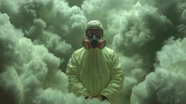A figure in protective gear stands amidst a dense cloud, showcasing an eerie atmosphere filled with mist, suggesting a mysterious or hazardous environment.