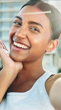 Peace sign, face or girl with selfie in fitness for status update, online post or exercise break. Flare, happy runner or gesture with photo in city for memory, social media or profile picture