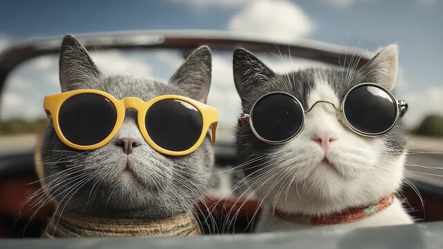 Two Stylish Cats Wearing Sunglasses Enjoying a Sunny Day in a Convertible Car, Radiating Coolness and Charm While Embracing Their Adventurous Spirit