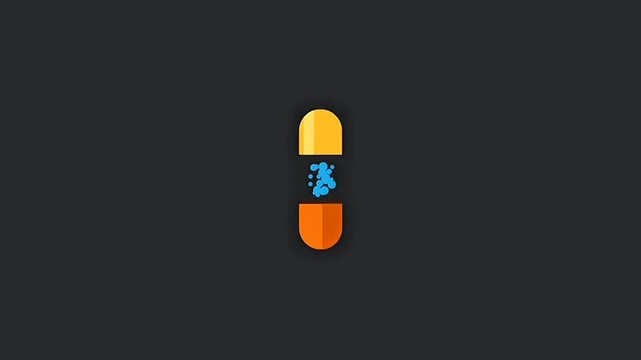 Animated medicine capsule opening to reveal blue supplement particles on dark background