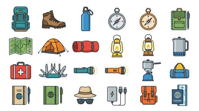 Camping and Hiking Gear Collection Icons.
