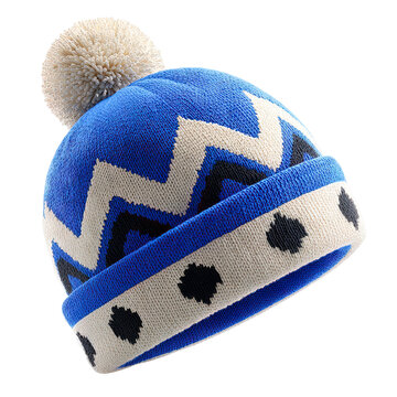 Blue and White Knit Beanie with Pom-Pom