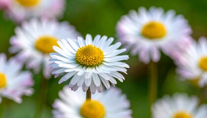 Obraz premium Close up of vibrant daisy flowers with white petals and yellow centers outdoors