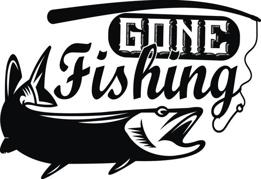 Vintage Gone Fishing typography with fish and rod, black and white fishing vector illustration, retro outdoor hobby emblem for apparel design