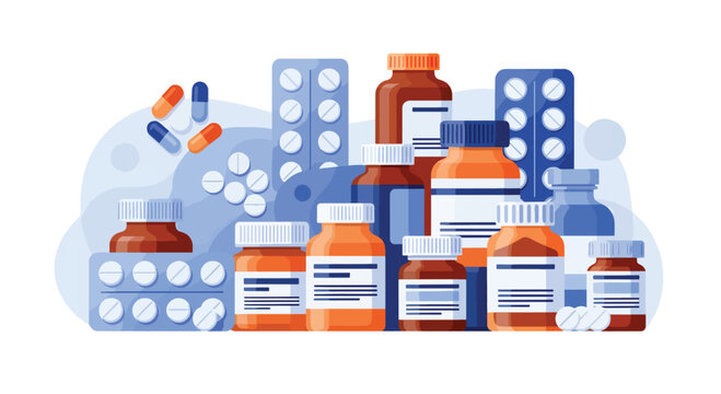 Assorted prescription medication bottles and pills for healthcare