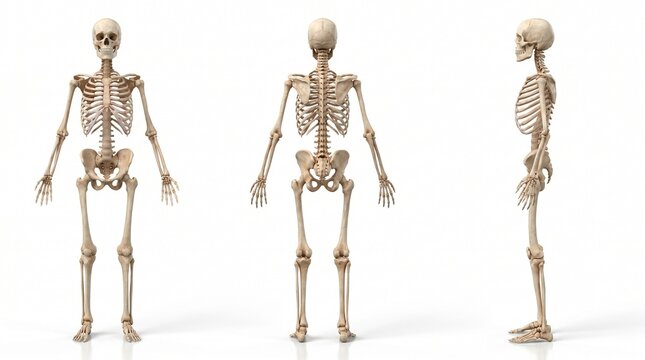 Human skeleton in three different views isolated on white background
