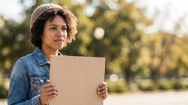 Person outdoors holding a blank awareness poster, wearing a denim jacket and knit hat, with a thoughtful expression and blurred trees in the background