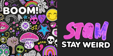 colorful groovy y2k stickers with text boom and stay weird © Tapan