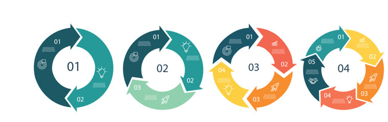 Obraz premium Circle arrows infographics set. Circular arrows with 2-5 steps, options. Process chart, cycle diagram for business presentation, report, brochure. Business concept with data processes. 