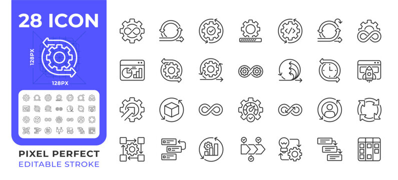 Continuous process pixel perfect line icons set. Quantitative measurable information. Production optimization. Isolated vector outline illustrations. Thin lineart iconset symbols. Editable stroke