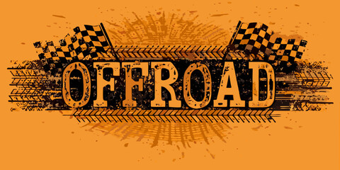 offroad racing graphic with checkered flags and tire tracks © Tapan