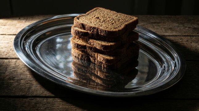Stack of fresh whole wheat bread slices on a shiny silver tray over a rustic wooden table with dramatic lighting.