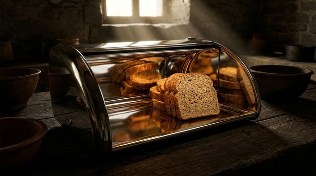 Sliced whole wheat bread inside a modern stainless steel breadbox on a rustic wooden table in a sunlit kitchen with dramatic lighting and sunbeams.