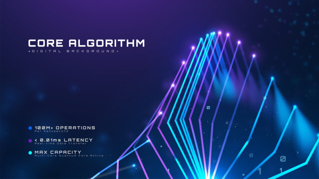 Futuristic technology digital core algorithm background with blue glowing lines. Dark cyber space concept, neon graph and binary code. Vector illustration.
