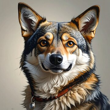 Alert wolf-dog portrait with striking orange eyes