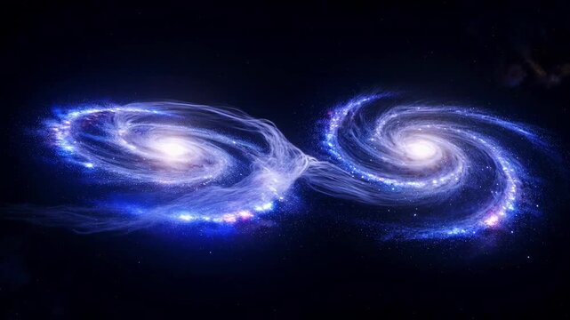 Merging galaxies collide in cosmic space creating spiral nebula formation