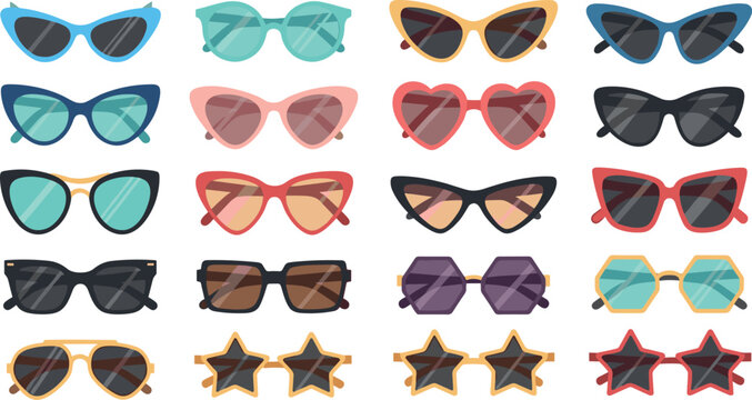 Trendy Sunglasses Set Featuring Various Frame Shapes Including Cat Eye Heart Star and Aviator Styles for Summer Fashion Designs