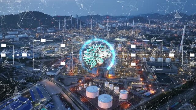 Glowing AI management icons and digital big data flow overlaid on a massive oil refinery plant at night. Smart energy technology, IoT infrastructure, and automated industrial processing.