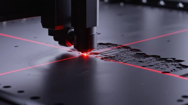 Industrial laser cutter engraving precision circuit pattern on metal