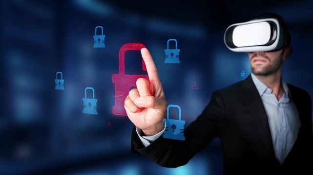 A businessman wearing a virtual reality headset engages with security symbols in a digital landscape, showcasing the intersection of technology and data protection. Raster