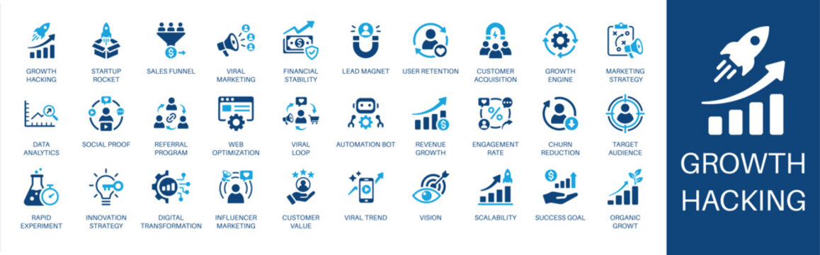 Growth hacking and marketing solid icon set. Featuring customer acquisition, sales funnel, user retention, target audience, and data analytics. Vector icons for presentations and pitch decks