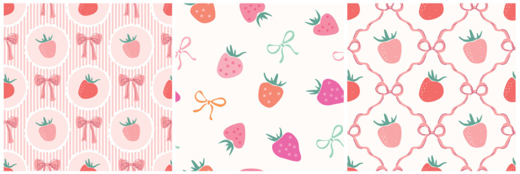Set of Strawberry and Bows seamless pattern. Gift bows, Colorful floral berries, cute fruit print for fabric or wrapping paper design. Vector illustration 
