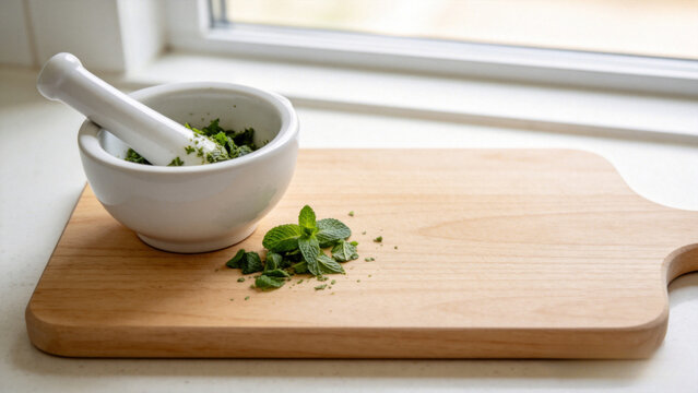 Mortar pestle with fresh mint