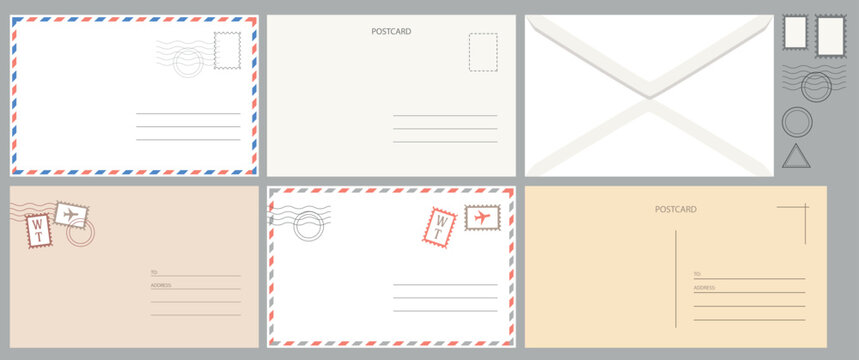 Set of Vintage Empty back of a postcard and envelope with postage stamps for travel. Vector template design

