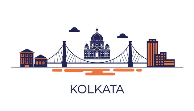 Minimalist vector skyline of Kolkata with Howrah Bridge, Victoria Memorial, and additional buildings, on clean white background, conic landmarks, with &ldquo;KOLKATA&rdquo; text