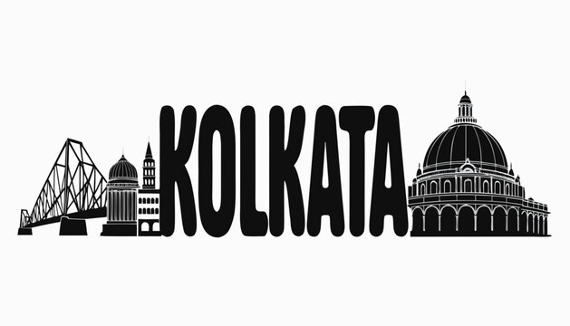 Minimalist vector skyline of Kolkata with Howrah Bridge, Victoria Memorial, and additional buildings, on clean white background, conic landmarks, with &ldquo;KOLKATA&rdquo; text