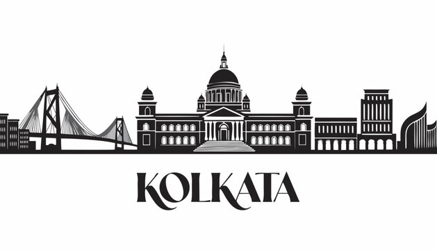 Minimalist vector skyline of Kolkata with Howrah Bridge, Victoria Memorial, and additional buildings, on clean white background, conic landmarks, with &ldquo;KOLKATA&rdquo; text