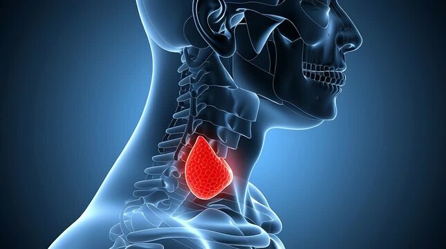A medical animation video of a human skeleton's neck and throat with a glowing red thyroid gland.