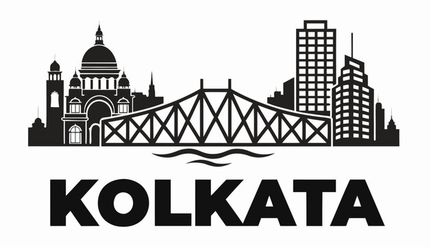 Minimalist vector skyline of Kolkata with Howrah Bridge, Victoria Memorial, and additional buildings, on clean white background, conic landmarks, with &ldquo;KOLKATA&rdquo; text