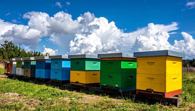 Colorful beehives arrayed under a bright blue sky with fluffy white clouds