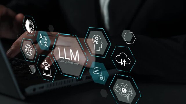 Hands-on keyboard displaying Large Language Model technology with digital icons representing innovation, AI, and communication in modern workspace environment Gluon.