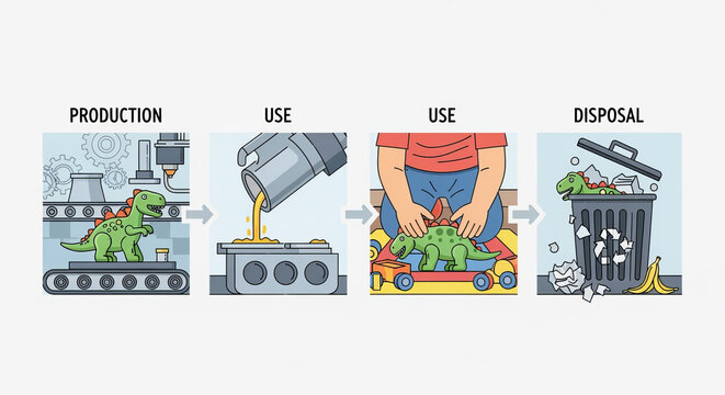 The Life Cycle of a Green Dinosaur Toy From Plastic Fabrication to Industrial Disposal Process
